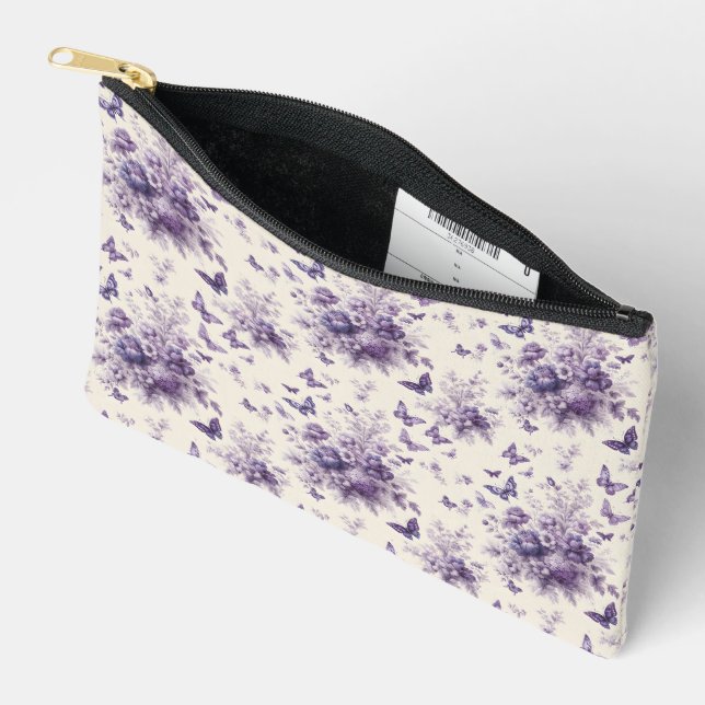 Purple French Country Toile Fleur Butterflies Accessory Pouch (Open)