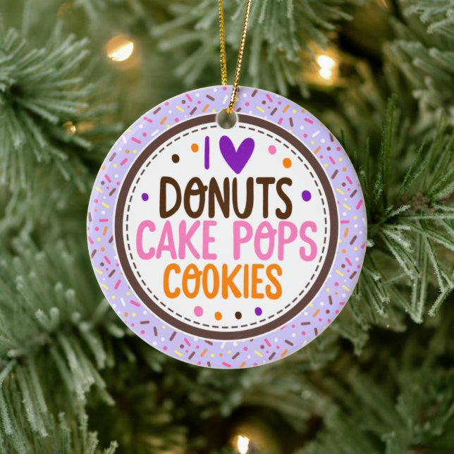 Purple Frosted Sprinkles I Love Doughnuts Cake Pop Ceramic Ornament (Tree)