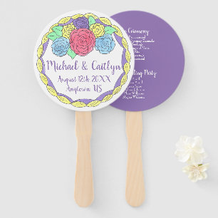 Purple Frosting Roses Floral Cake Wedding Program Hand Fan