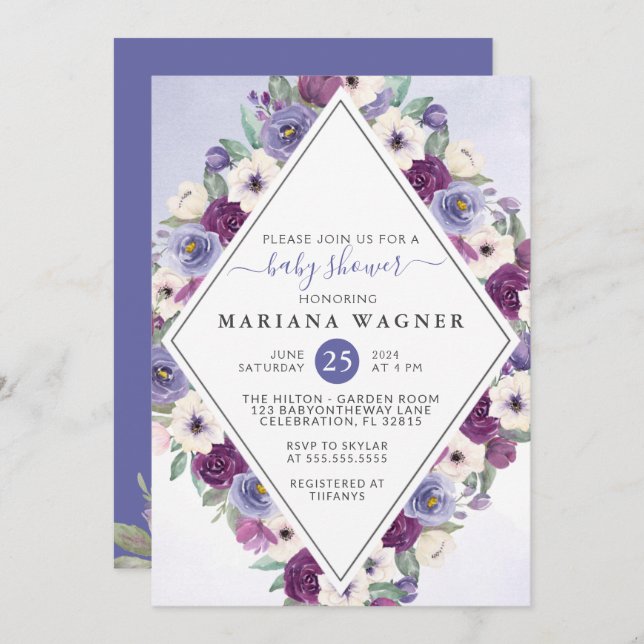 Purple Fuchsia Floral Baby Shower Invitation (Front/Back)