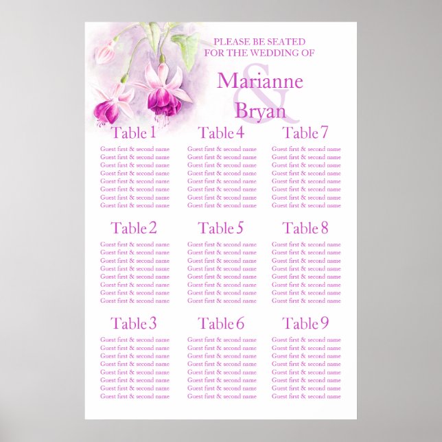 Purple fuchsia Wedding Seating Table Planner 1-9 Poster (Front)