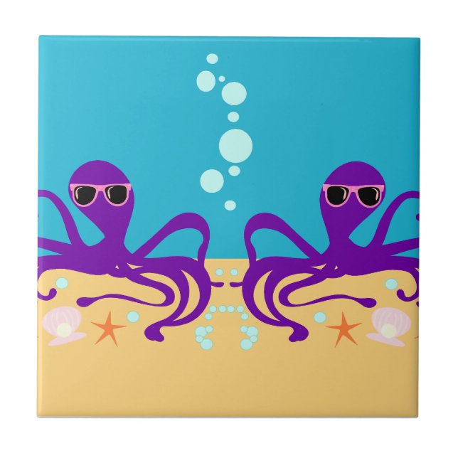 Purple Fun Groovy Octopus Cartoon Art Ceramic Tile (Front)
