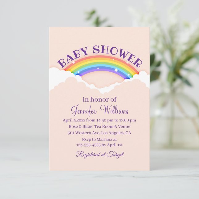  purple fun script cute rainbow girl baby shower invitation (Standing Front)