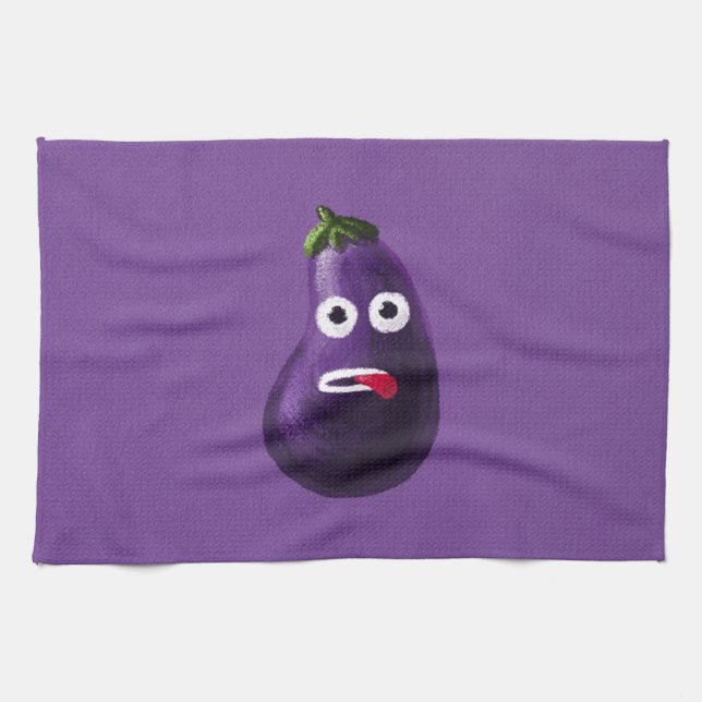 Purple Funny Cartoon Eggplant Tea Towel (Horizontal)