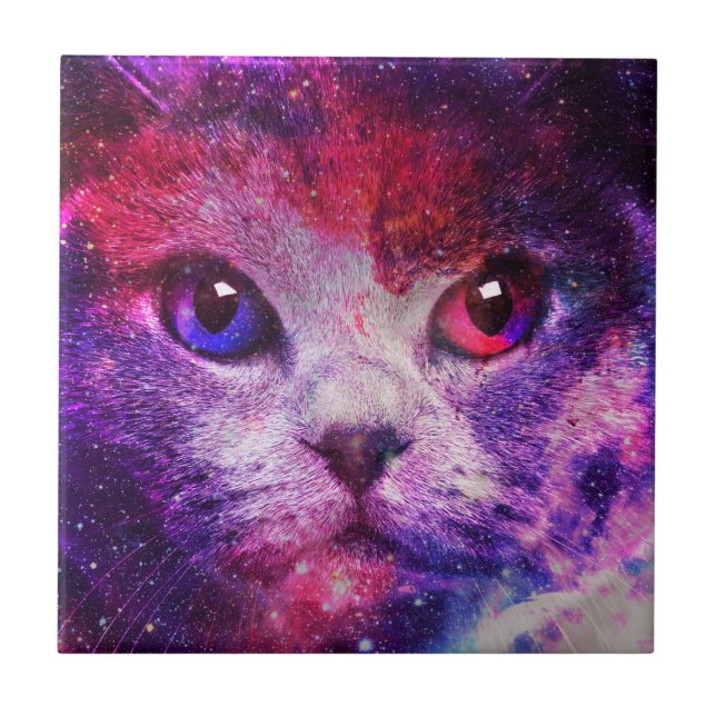 Purple Galaxy Cat  Ceramic Tile (Front)