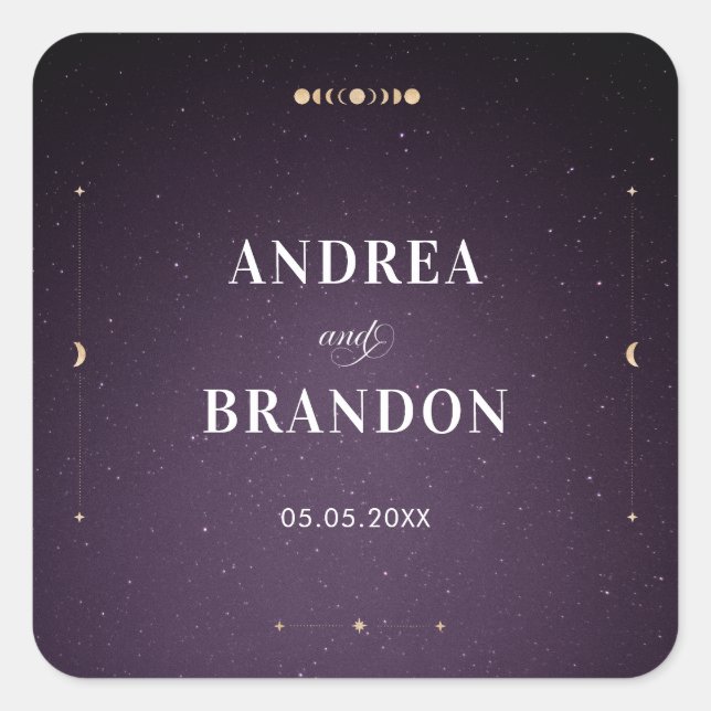 Purple Galaxy Celestial Gold Mystic Moon Wedding Square Sticker (Front)