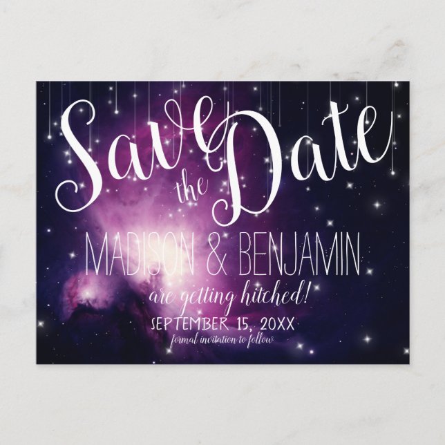 Purple Galaxy Celestial Stars Lights Save the Date Postcard (Front)