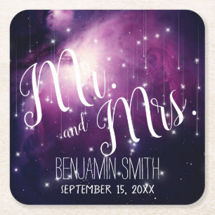 Purple Galaxy Celestial Stars Night Sky Wedding Square Paper Coaster