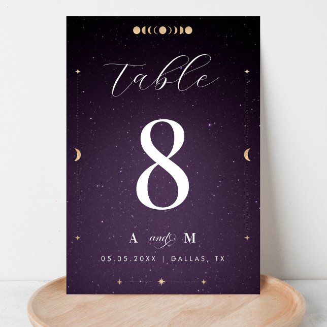 Purple Galaxy Cosmic Gold Moon Celestial Wedding Table Number (Creator Uploaded)