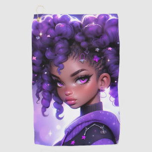 Purple Galaxy Girl with Curly Hair Golf Towel