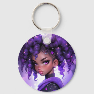 Purple Galaxy Girl with Curly Hair Key Ring