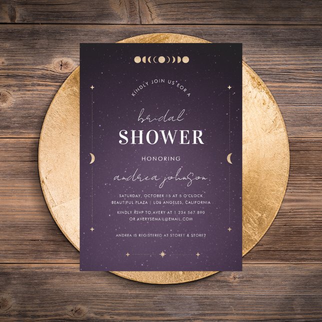 Purple Galaxy Gold Moon Celestial Bridal Shower Invitation (Creator Uploaded)