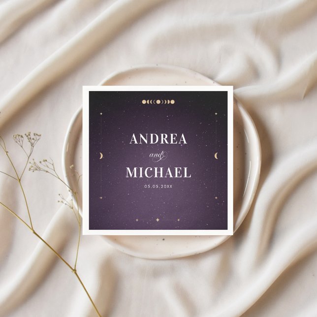 Purple Galaxy Gold Moon Celestial Wedding Party Napkin (Creator Uploaded)