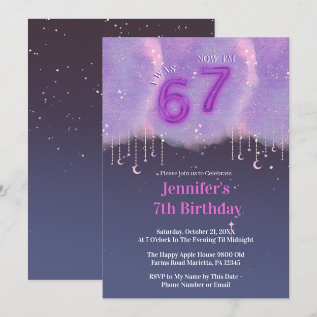 Purple Galaxy “I Was 6 Now I’m 7” Girl Birthday Invitation (Front/Back)