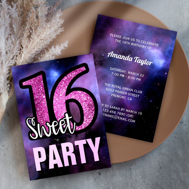 Purple Galaxy Pink Glitter Sweet 16 Birthday Party Invitation (Creator Uploaded)