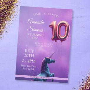Purple Galaxy Rosegold Unicorn Girl 10th Birthday Invitation