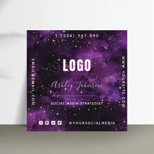 Purple Galaxy Space Sparkles QR Code & Logo Cosmic Square Business Card