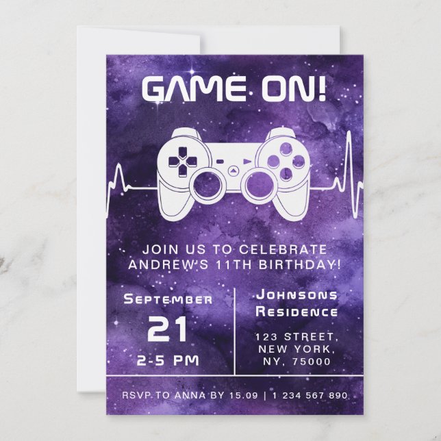 Purple Galaxy Video Game Gamer Kids Birthday Party Invitation (Front)