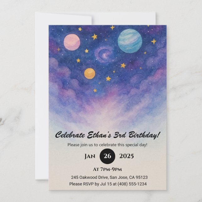 Purple Galaxy Watercolor Sky Birthday  Invitation (Front)