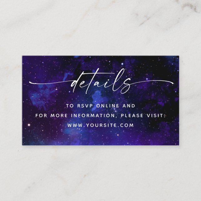 Purple Galaxy Wedding Details + QR Code. Celestial Enclosure Card (Front)