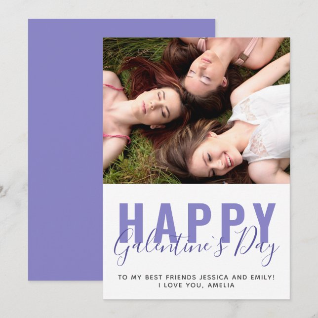 Purple Galentine`s Day Friend Photo Holiday Card (Front/Back)
