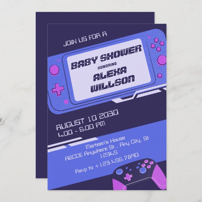 Purple gamer baby shower invitation (Front/Back)