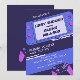 Purple gamer baby shower invitation