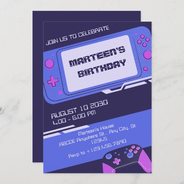Purple gamer birthday  invitation (Front/Back)