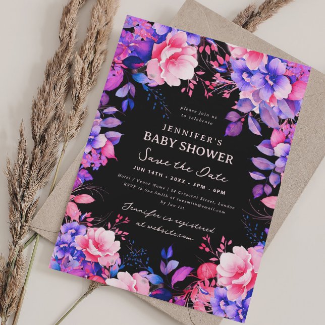 Purple Garden Floral Baby Shower Save Date Black Invitation (Purple Garden Floral Baby Shower Save Date Black Invitation)