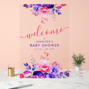 Purple GARDEN FLORAL Baby Shower Welcome  Acrylic Sign