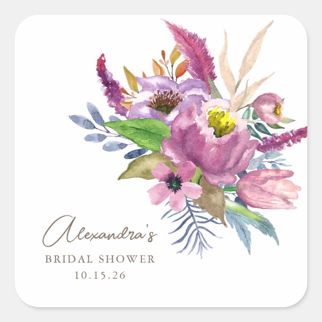 Purple Garden Floral Minimalist Custom Shower Square Sticker (Front)