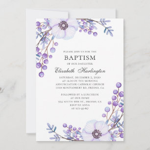 Purple garden flowers. Violet floral baptism Invitation
