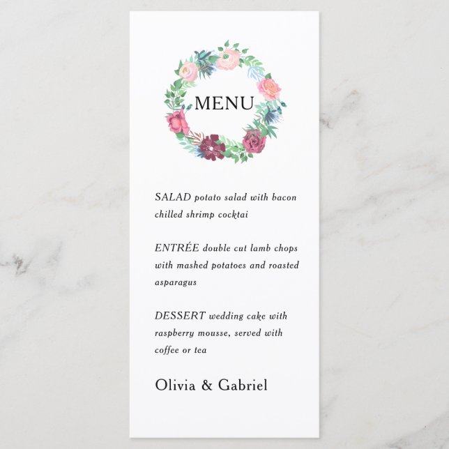 Purple garden flowers Wreath. Botanical Wedding Me Menu (Front)