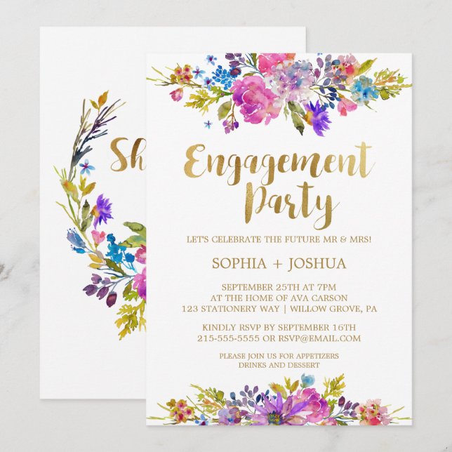 Purple Garden Gold Engagement Party Invitation (Front/Back)