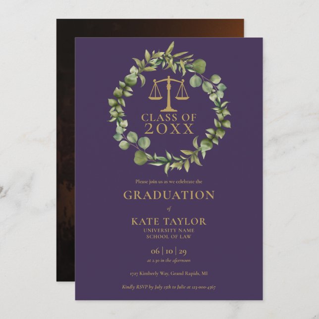 Purple Garland Photo Law School Graduation Party I Invitation (Front/Back)