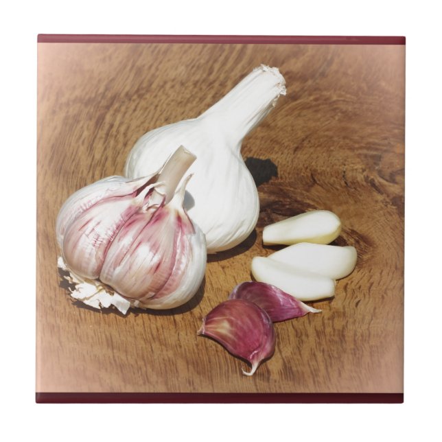purple garlic on a oak board ceramic tile (Front)