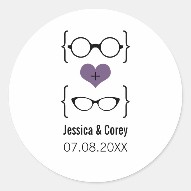Purple Geeky Glasses Wedding Stickers (Front)