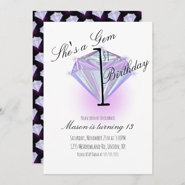 Purple Gem Crystal First Birthday Party  (Front/Back)