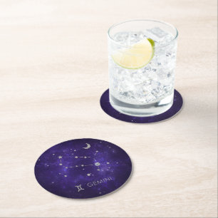 Purple Gemini Zodiac   Cosmic Astrology Horoscope Round Paper Coaster