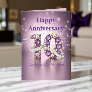 Purple Gems Pearls Rings 10th Wedding Anniversary Card