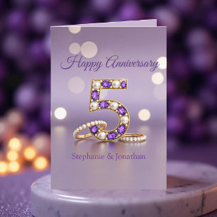 Purple Gemstone and Pearls 5th Wedding Anniversary Card