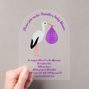 Purple gender neutral Baby Stork Baby Shower Acrylic Invitations