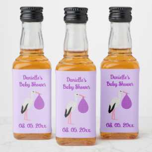 Purple gender neutral Baby Stork Baby Shower Liquor Bottle Label