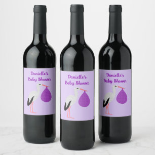 Purple gender neutral Baby Stork Baby Shower Wine Label