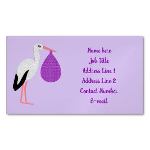 Purple gender neutral Baby Stork Custom Magnetic Business Card