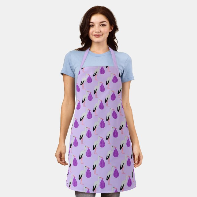 Purple gender neutral Baby Stork Patterned Apron (Worn)