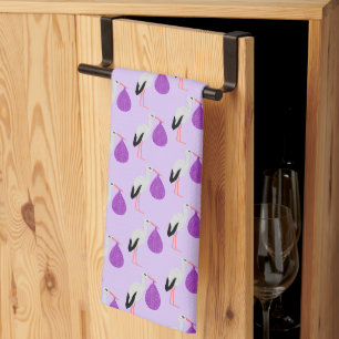 Purple gender neutral Baby Stork Patterned Tea Towel