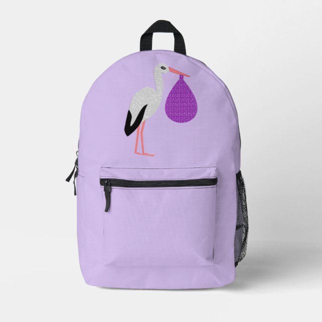 Purple gender neutral Baby Stork Printed Backpack (Front)