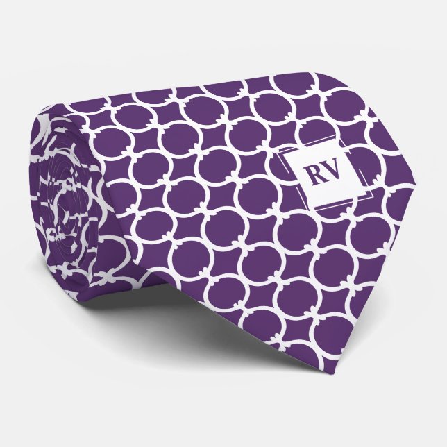 Purple Geometric Monogrammed Tie (Rolled)