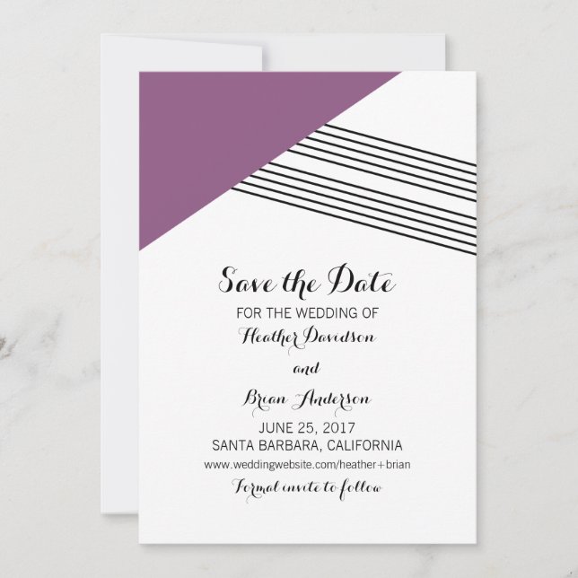 Purple Geometric Stripe Save the Date Invite (Front)